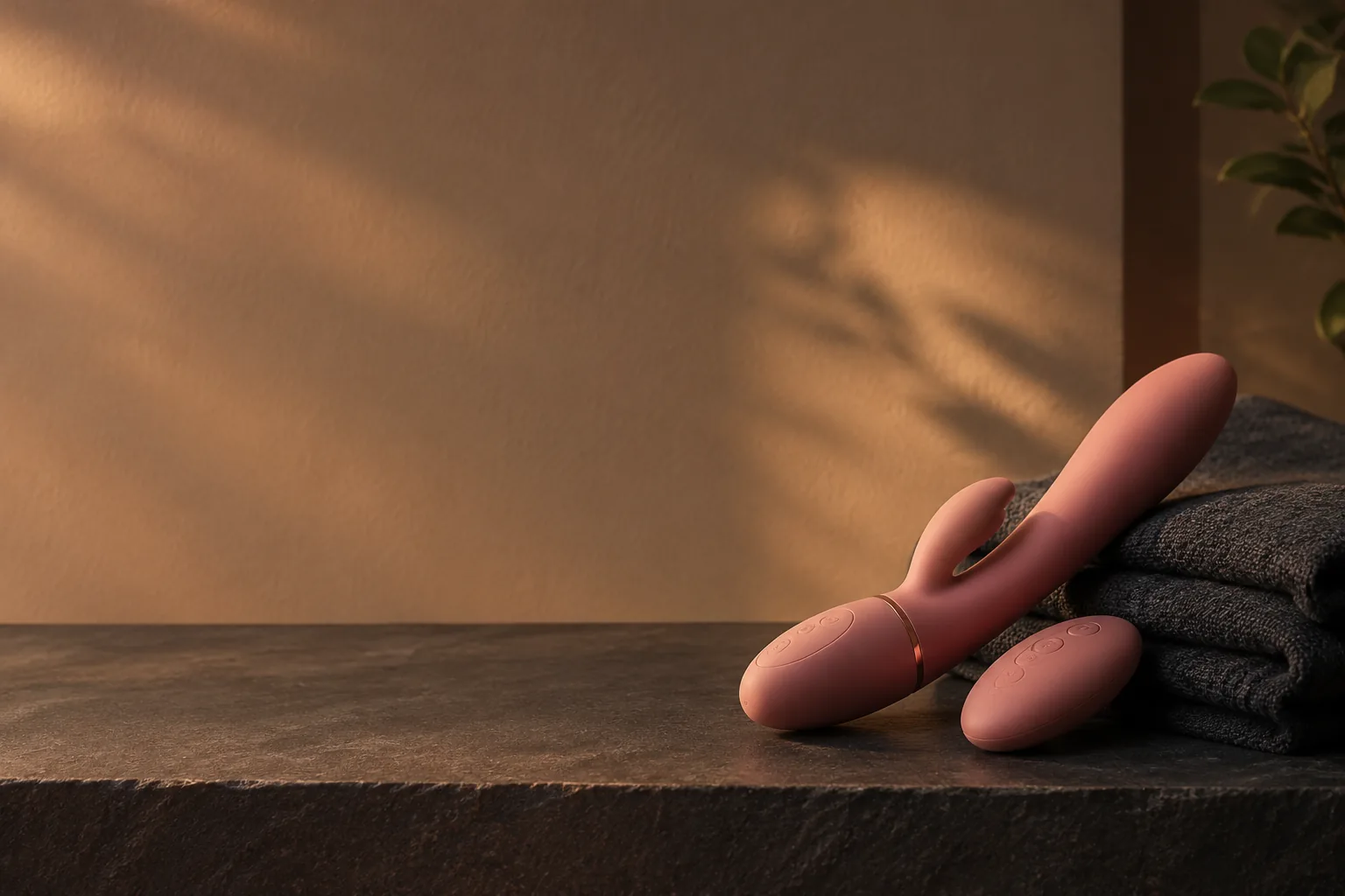 A dusk-toned still life on a slate ledge: a matte rose silicone massager resting beside a small rounded handset and a folded charcoal cloth, all of it grouped o